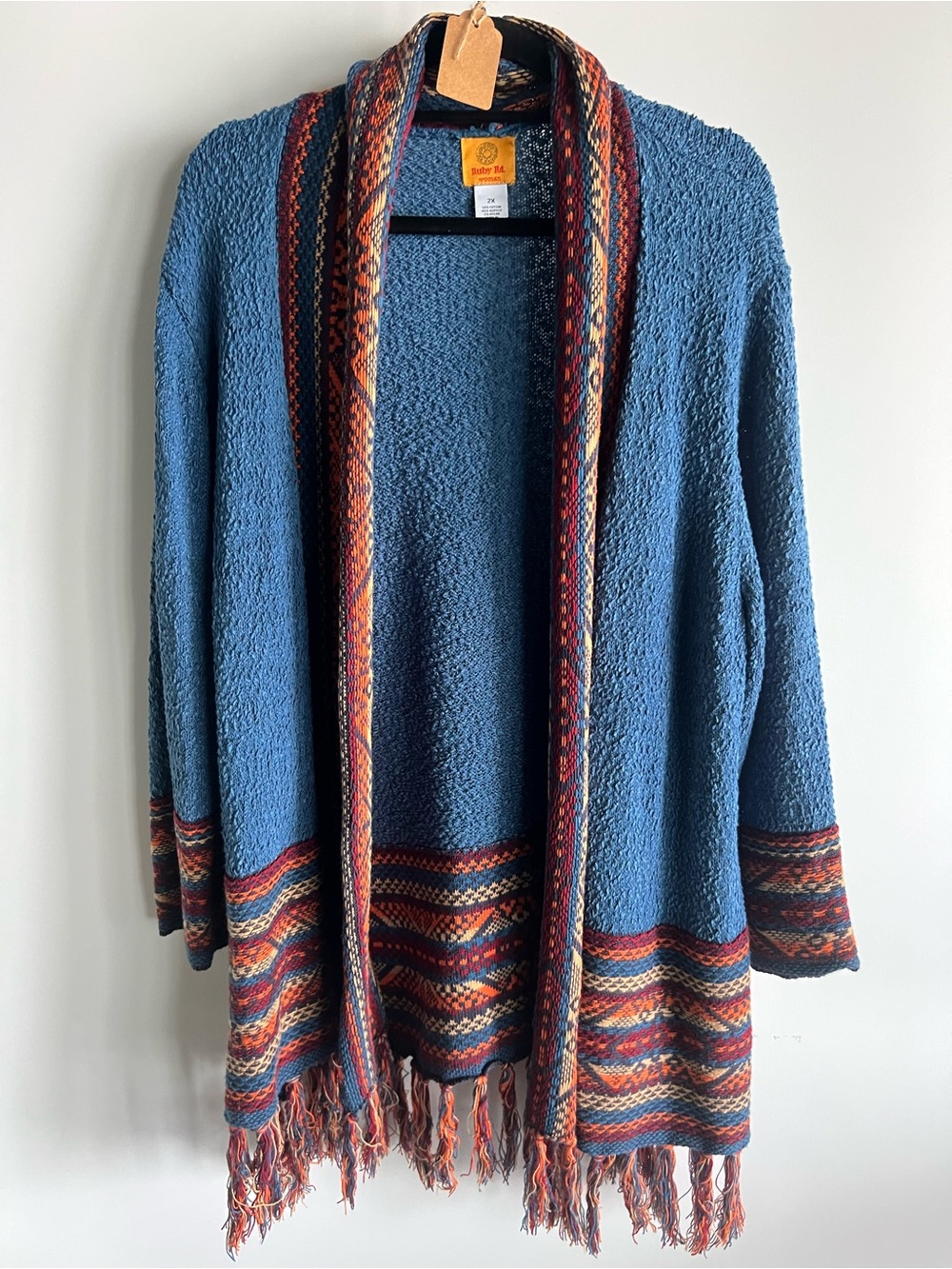 Ruby Rd. Blue Open-Front Fringe Cardigan with Rust Trim